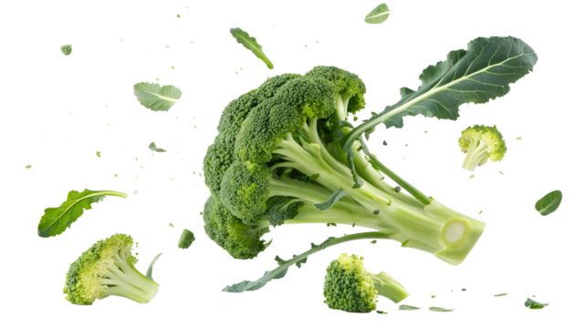 Fresh broccoli and leaves floating in mid air