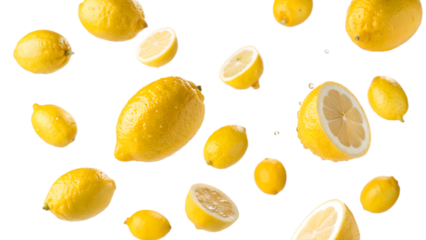 Fresh lemons floating in bright white background