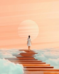 A woman in a white dress ascending a wooden staircase into the clouds under a large sun in a surreal scene