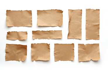 Ripped pieces of brown paper on white background. Different sizes, shapes. Blank spaces on paper suggest possibility for adding text, images designs. Versatile for craft projects, banners, creative