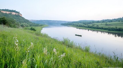 Fototapeta premium Calm river landscape, boat, grassy bank, hills