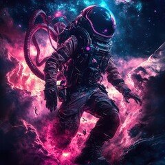 Fototapeta premium Astronaut in vibrant nebula, cosmic landscape, space exploration, surreal art.