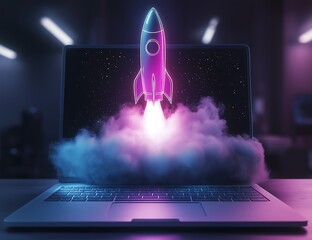 A purple and blue neon outline rocket is taking off from a silver-grey laptop, screen is blank as the rocket lifts off with smoke over the keyboard
