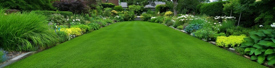 Wide Lawn Path With Vibrant Flowerbeds