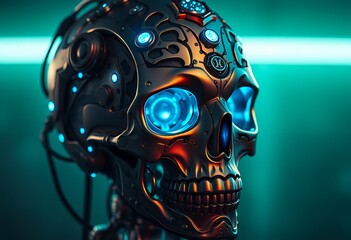 Mechanical Skull with Glowing Blue Eyes a Cyberpunk Futuristic Vision
