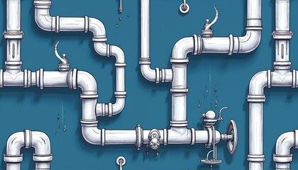 Industrial seamless pattern shows white pipes on blue background. Pipes connected, form network. Design in line art style. Pattern suggests water system plumbing system. Illustration looks like tech