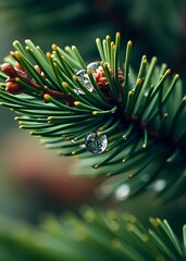 Fototapeta premium Detail of dew drops on green needles of pine tree bokeh green bokeh green abstract background light bright blur pattern