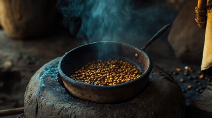 Artisanal coffee beans roasting over an open fire with smoke rising
