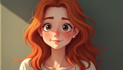 Fototapeta premium Young woman with vibrant red hair smiles warmly at camera. Freckles enhance friendly face. Casual style. Relaxed expression. Studio lighting creates inviting atmosphere. Portrait natural beauty.