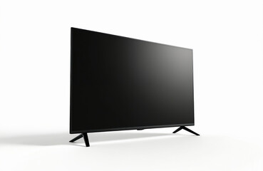 Modern smart UHD 4K TV on white background. Side view. Flat design. Black color. Blank screen. Tech illustration. High resolution image. Digital display. Modern electronic device. Contemporary tech
