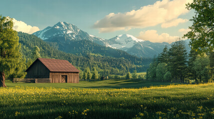 serene farm landscape featuring rustic barn surrounded by lush greenery and majestic mountains in background. scene evokes sense of tranquility and natural beauty