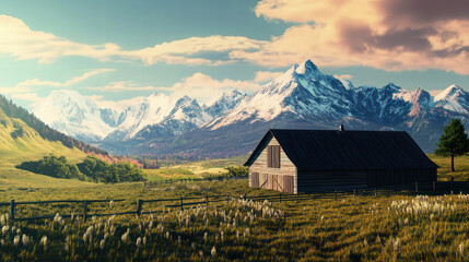 serene farm landscape featuring rustic barn surrounded by lush green fields and majestic mountains in background, evoking sense of tranquility and natural beauty
