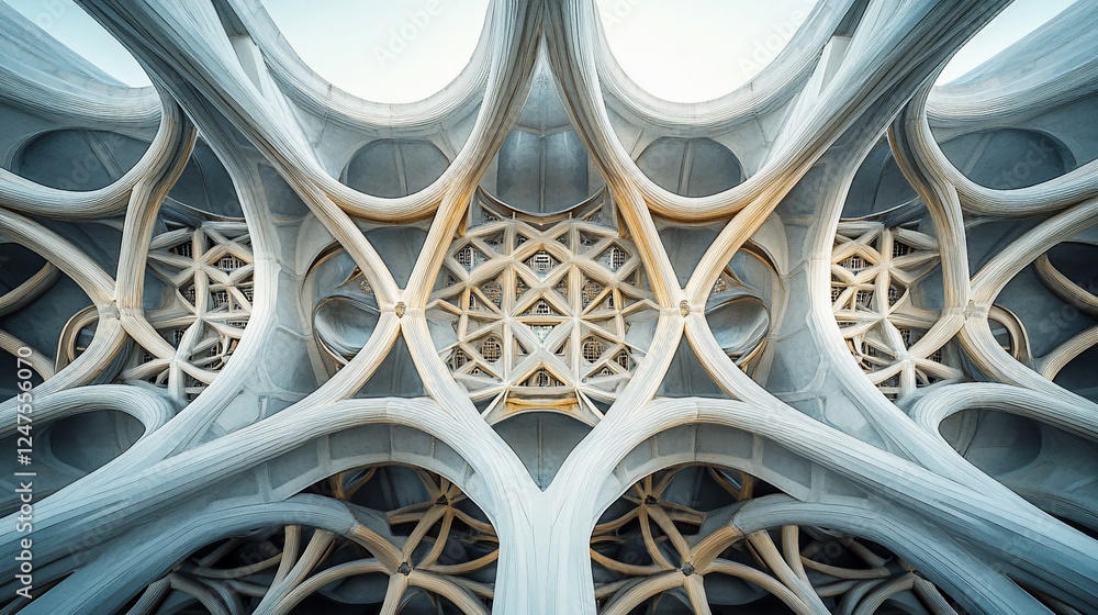 Poster intricate geometric architectural design featuring arched elements and window details