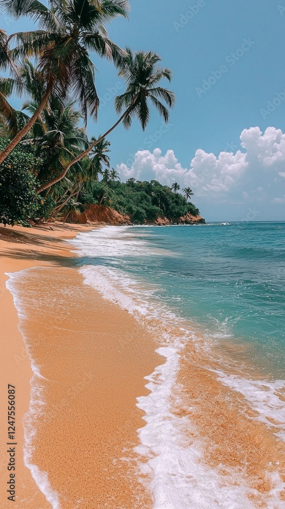 Aufkleber golden sands meet clear turquoise waters under a vibrant blue sky surrounded by lush greenery. palm 