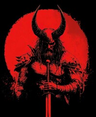 Fototapeta premium Evil Warrior Woman with Horns and Sword Vector Illustration for Halloween Design