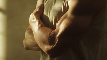 Close-up of muscular man's crossed arms in a sleeveless shirt showcasing strength and definition in warm natural lighting