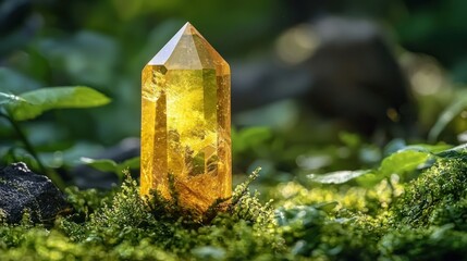 Citrine crystal in forest moss, sunlight, nature background, spiritual use