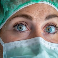 Close-up portrait of medical professional wearing a green surgical cap and face mask with expressive focused blue eyes