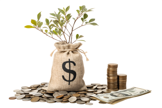 Plant growth emerging from a money bag - Powered by Adobe