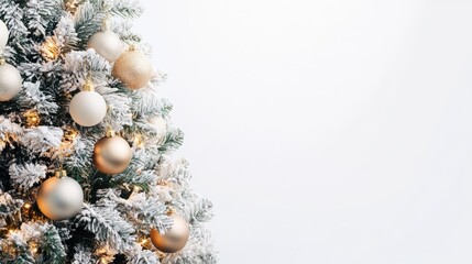 A beautifully decorated Christmas tree with gold and white ornaments against a light background.