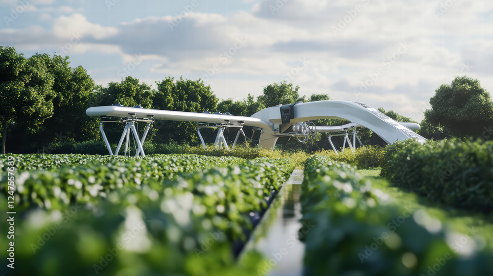 Poster high tech irrigation system in field with lush greenery and trees. this advanced technology enhances