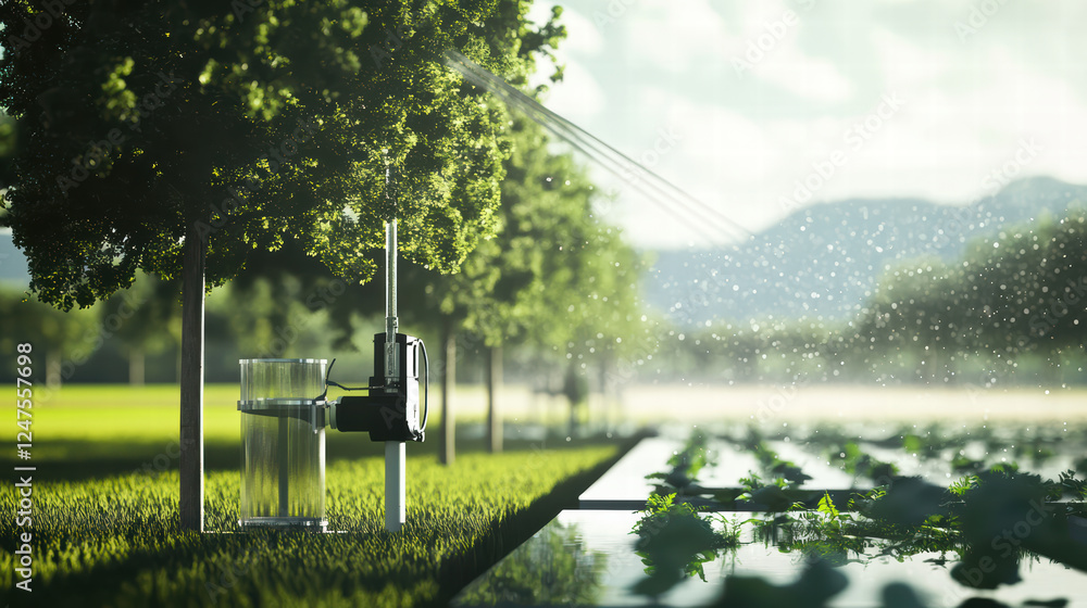 Poster high tech irrigation system in field with trees and crops, showcasing advanced technology for effici