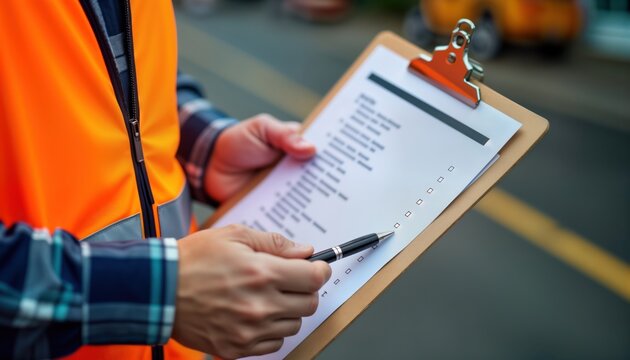 Construction worker checks safety checklist on clipboard. Worker wears high-visibility vest. Focuses on compliance on job site. Ensuring safety protocols followed. Documentation of procedures for