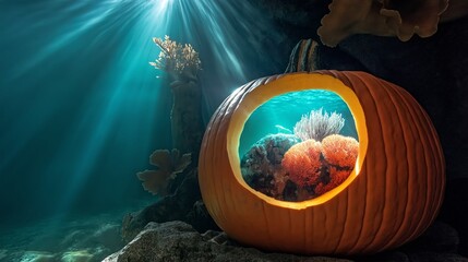 Creative underwater scene showing a carved pumpkin containing vibrant coral reef illuminated by sunlight streaming through ocean water from above