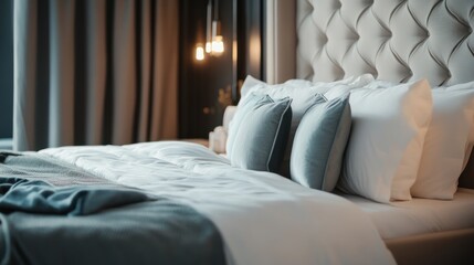 Cozy bedroom with plush bedding and pillows.