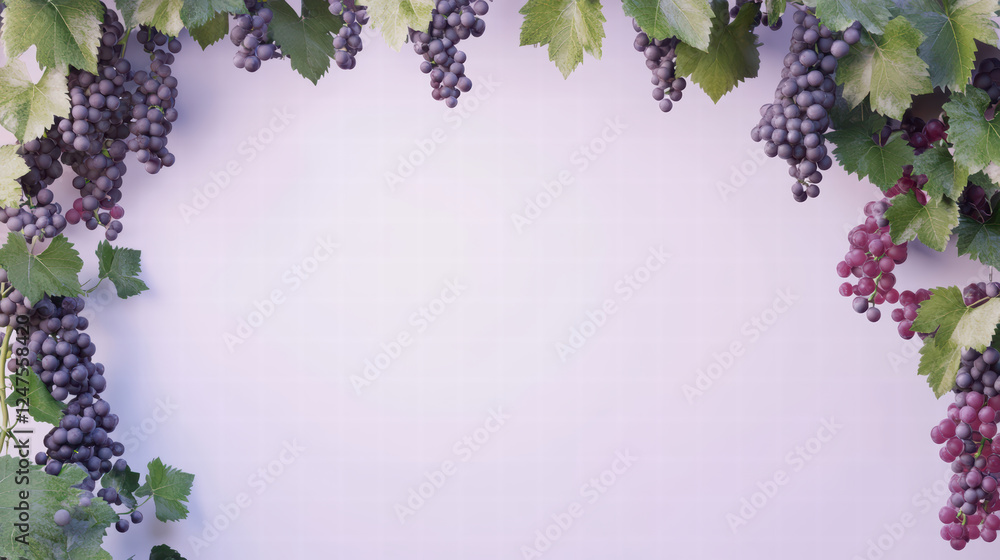 Poster lush grapevines with clusters of purple and green grapes frame soft background, creating serene and 