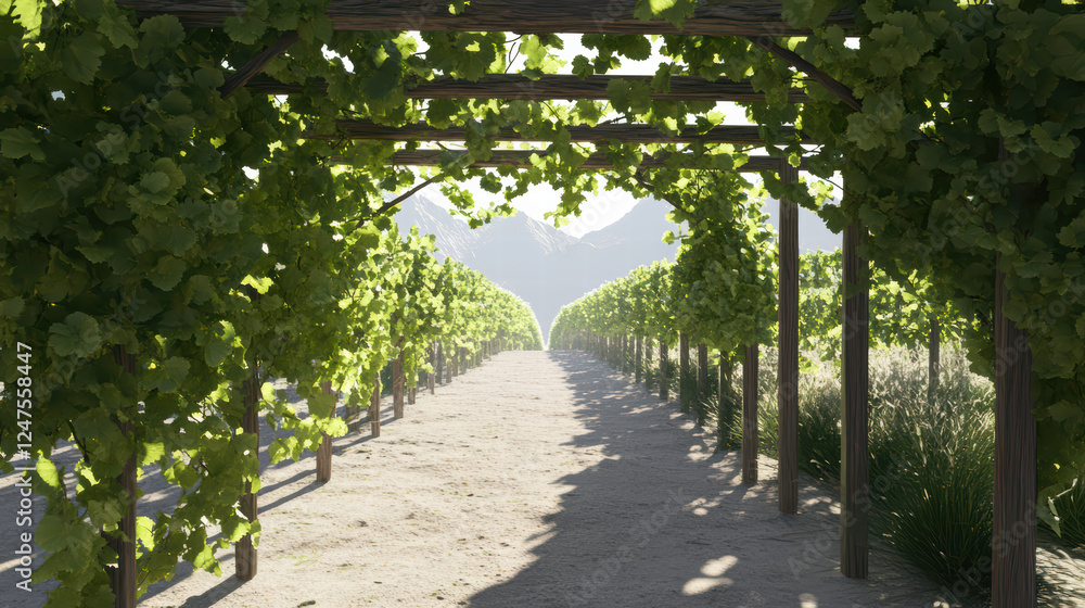 Poster lush vineyard with grapevines under wooden trellis, creating serene pathway. sunlight filters throug