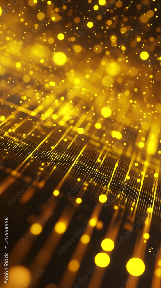 Poster intricate patterns of light and particles creating a golden atmosphere in a digital landscape