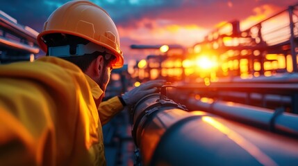 Fototapeta premium A worker adjusting pipes at sunset, with warm light creating a dramatic backdrop, emphasizing the connection between human effort, nature, and the industrial landscape in harmony.