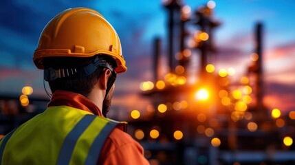 A worker wearing a hard hat and safety vest observing an oil refinery during sunset, depicting themes of safety, hard work, and appreciation of the industrious environment around them.