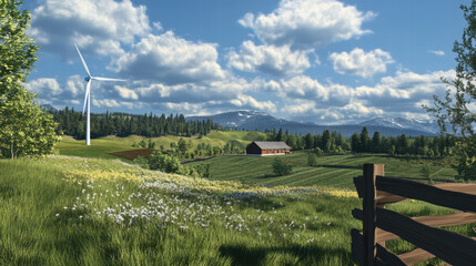 Fototapeta premium serene farm landscape featuring wind turbine, lush green fields, and rustic barn under bright blue sky with fluffy clouds. scene evokes sense of tranquility and sustainability