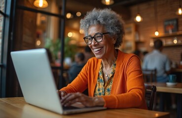 Mature African American woman uses laptop in cafe. Sits happily at desk, works on computer. Seems focused, engaged. Cafe interior visible. Possibly business professional. Could looking for new job