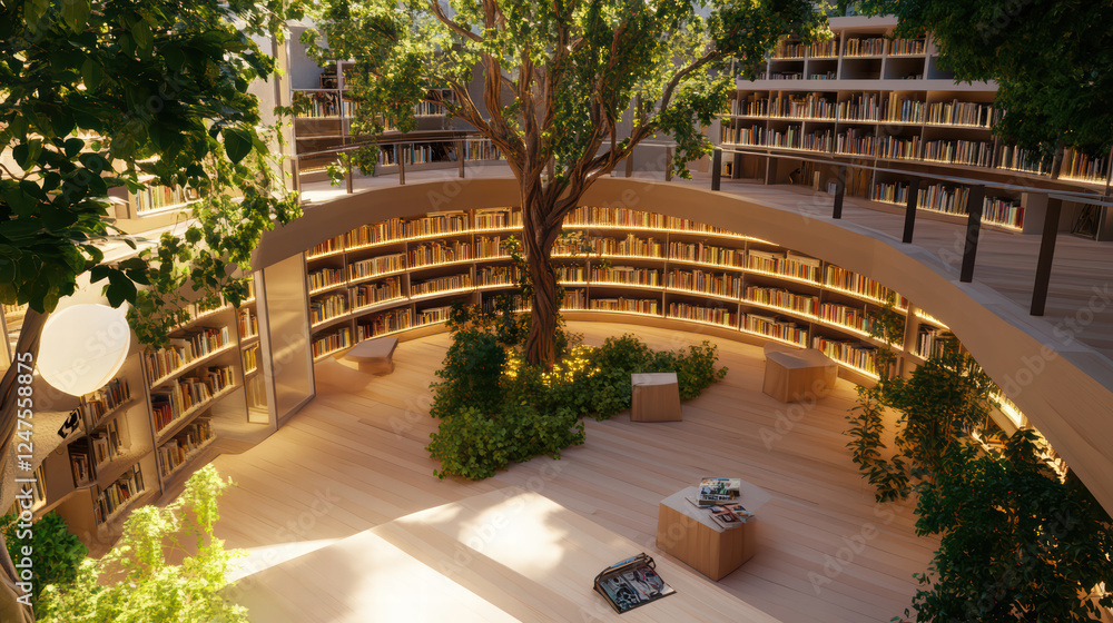 Poster modern public library featuring open spaces, bookshelves, and central tree. design emphasizes natura