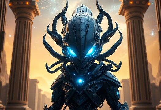 Alien Robot Warrior Standing Guard Among Ancient Columns and Evening Sky