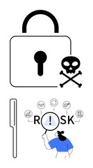 Padlock with skull and crossbones symbolizing threats. Person analyzing RISK with magnifying glass amidst icons. Ideal for cybersecurity, risk management, data protection, business strategy