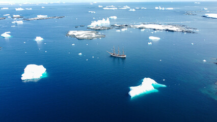 Ship in the Southern Ocean. Antarctica. Tourism and science.