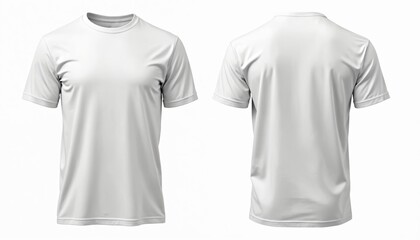Blank white t-shirt front, back views. Casual attire apparel. Versatile template for design. Short sleeves. Realistic model. Suitable for advertisement fashion. Studio shot against plain white