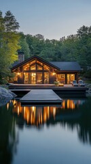 Fototapeta premium Luxury lakeside home with evening reflections and phone background