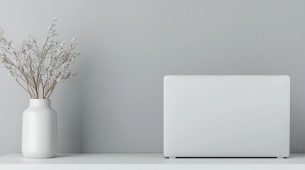 Minimalist home office workspace; laptop, flowers, grey wall