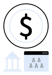 Dollar sign in circle, government building, and browser window with users. Ideal for finance, economy, online transactions, banking, government funds, digital connectivity abstract line flat