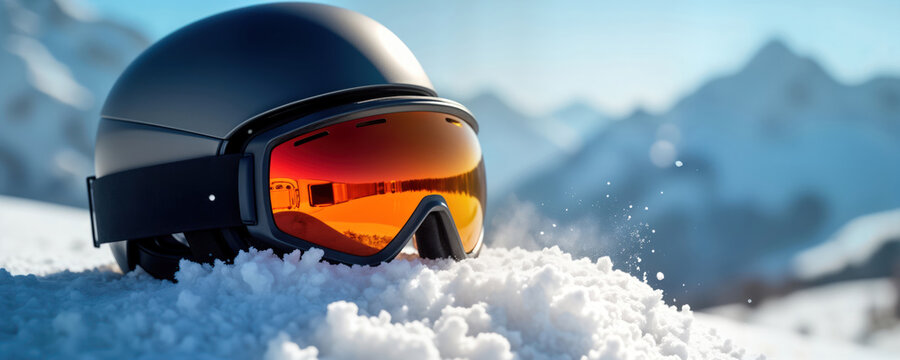 Innovative ski goggles, helmet rest on snowy slope. Snowy mountains, clear sky create winter wonderland scene. Equipment suggests winter sports activity like snowboarding skiing. Sunny day, active