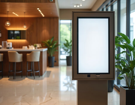 Modern hotel self service kiosk with blank high resolution screen. Efficient tech solution for guest services. Convenient automated service available in hotel lobby. Guest use touch screen interface