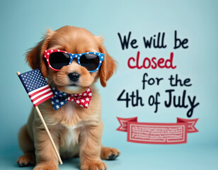 Cute brown puppy wearing patriotic sunglasses, bowtie holds American flag. Signboard announces closure for 4th of July. Studio shot against light blue background. Adorable pet wearing patriotic