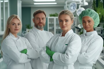 Fototapeta premium Group of confident laboratory professionals in white coats and green gloves standing with crossed arms in a modern lab