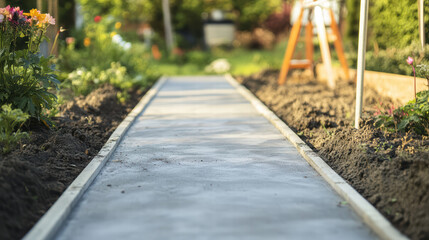 Fototapeta premium cement pathway being laid in garden, surrounded by flowers and soil, creates serene outdoor space. This pathway enhances garden beauty and functionality