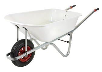 White wheelbarrow with metal frame and rubber tire